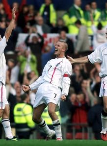 Beckham Greece on David Beckham Celebrates After His Injury Time Free Kick Saved England