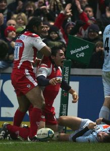 Gareth Delve celebrates scoring for Gloucester v Bourgoin Gareth Delve celebrates scoring for Gloucester v Bourgoin