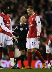 Nicklas Bendtner and Emmanuel Adebayor butt heads