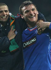 Nacho Novo Lee McCulloch celeb Werder Bremen v Rangers