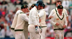 Bamboozled: Mike Gatting looks on in disbelief after being dismissed by Shane Warne