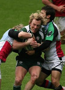 London Irish v Quins Peter Richards tackled