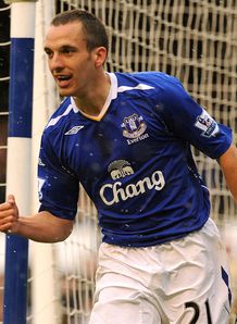 Leon Osman celeb behind net Everton v Derby