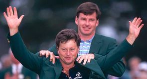 Ian Woosnam becomes the third Brit to win at Augusta in 1991 and receives the Green Jacket from the second, Nick Faldo.