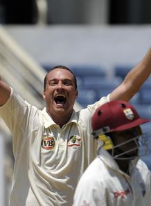 West Indies vs Australia 1st Test Day 1 - Stuart Clark celebrates Dwayne Bravo dismissal