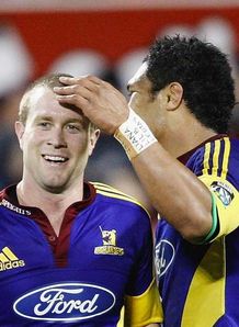 Toby Morland is congratulated after his try v Crusaders - 2008