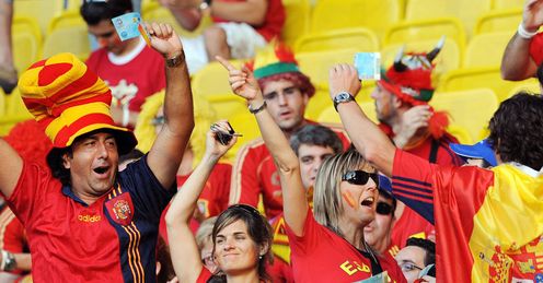 The first brush stroke of the unmistakable red and yellow of Spain steadily coats the Ernst Happel stadium prior to kick-off