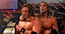 Curt Hawkins & Zack Ryder celebrate reclaiming the WWE Tag Team Championship.