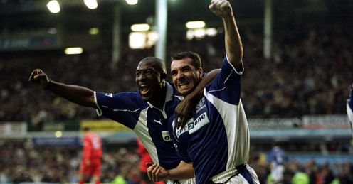 David Unsworth, right, celebrates against Liverpool in 2001