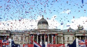 Ticker Tape welcome for Team GB at Trafalgar Square at the end of their parade route.