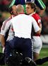 Hurt: Jonny Wilkinson is treated after a fierce hit