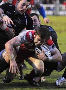 Rory Lawson of Gloucester goes over to score a try against Newcastle Rory Lawson of Gloucester goes over to score a try against Newcastle