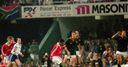 Dropping in: Guscott lands the winning drop goal in the second Test