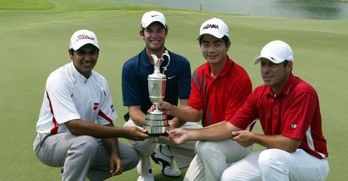 (L-R) Bhullar, Stewart and Liang celebrate their qualification (L-R) Bhullar, Stewart and Liang celebrate their qualification