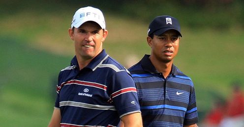 Tiger Woods (R) still tops, but Padraig Harrington has dropped two places
