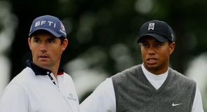 A startled Padraig Harrington and Tiger Woods