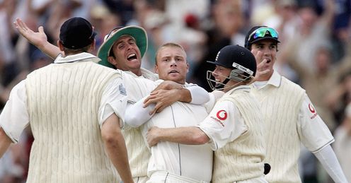 Flintoff (centre) was inspirational in the 2005 Ashes
