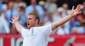 Flintoff celebrates his five-wicket haul at Lord's