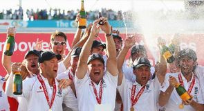 Whites awash: champagne covers the England players as they celebrate at the Oval Whites awash: champagne covers the England players as they celebrate at the Oval