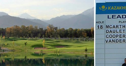 The Zhailjau Golf Resort with the dramatic Tien Shin Mountain range beyond. (Photo - Phil Inglis). (R) Matt relives pro-am glory.