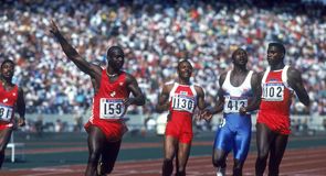 Ben Johnson celebrates in Seoul before being stripped of his 100m gold medal