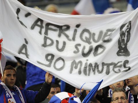 France fans demonstrate their confidence with a 'South Africa in 90 minutes' banner ahead of kick-off in Paris.