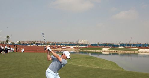 Sergio Garcia hitting to the island green at the 17th.