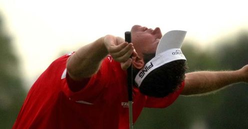 Lee Westwood celebrates his greatest triumph