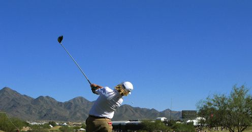 Last year's runner-up Charley Hoffman teeing off at the key par five 15th.