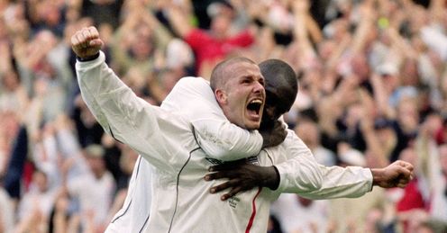 Beckham Greece on Beckham Celebrates Scoring The Crucial Free Kick Against Greece In