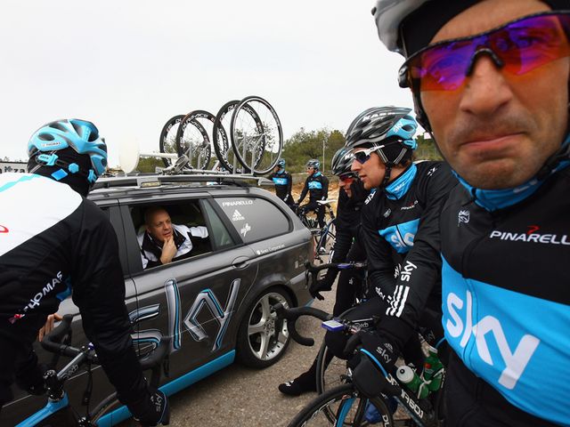 Brailsford and the riders at the camp in Valencia