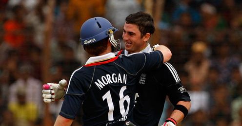 Job gone: Morgan congratulates Kieswetter on his ton but greater Tests await both
