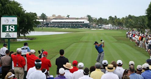 Last year's winner Phil Mickelson playing the tough, tough 18th.