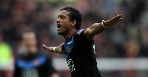 Nani celebrates Sunderland v Manchester United