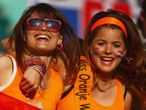 Two Dutch supporters get in the mood for Holland's last 16 clash with Slovakia.