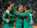 Cuauhtemoc Blanco is congratulated by Giovani dos Santos after scoring a penalty