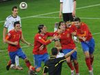The Spaniards wheel away in delight as their first ever World Cup final beckons