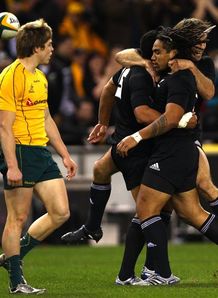 Mils Muliaina celebrates score against Australia Mils Muliaina celebrates score against Australia