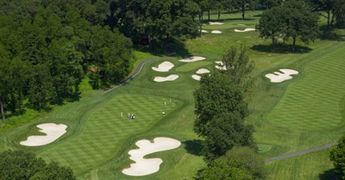 An aerial view of the short par 4 fifth hole.