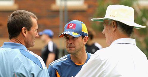 Grim and bear it: Andrew Hilditch (l) and Greg Chappell (r) offer Ponting some advice