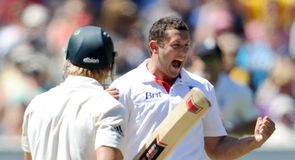 Wat a delivery: Bresnan celebrates after dismissing Shane Watson lbw for 54 Wat a delivery: Bresnan celebrates after dismissing Shane Watson lbw for 54