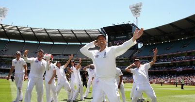 England celebrate in style in front of the Barmy Army