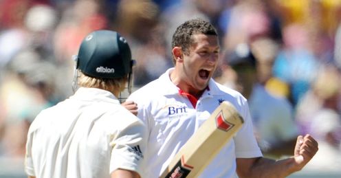 Wat a delivery: Bresnan celebrates after dismissing Shane Watson lbw for 54