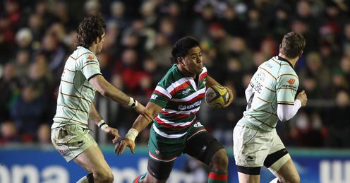 Leicester's Manu Tuilagi tries to get past the Saints defence
