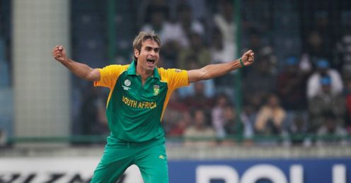 2011 Cricket World Cup South Africa v West Indies Imran Tahir celebrates Ramnaresh Sarwan wicket