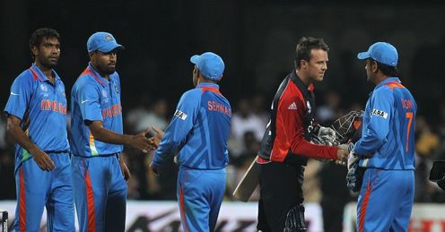 2011 World Cup Group B India v England Graeme Swann and Mahendra Dhoni shake hands post match