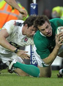 Tommy Bowe going over for Ireland against England Tommy Bowe going over for Ireland against England