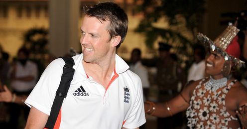 Time to step up: Swann is met by a traditional dancer as he and England arrive in Colombo