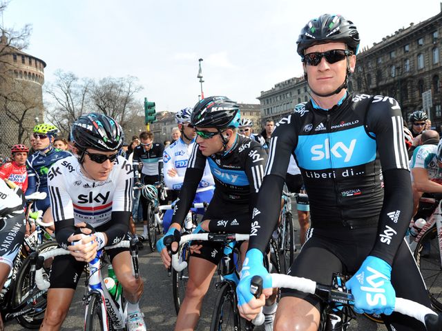 Geraint Thomas, Ian Stannard and Bradley Wiggins at the start in Milan