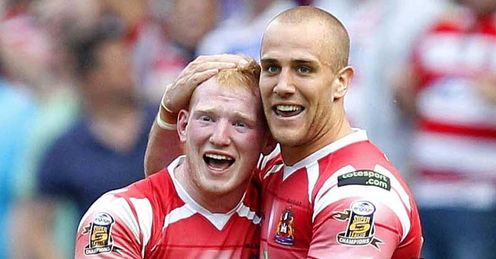 Liam Farrell Lee Mossop Wigan Warriors celebrating win over St Helens on Good Friday Liam Farrell Lee Mossop Wigan Warriors celebrating win over St Helens on Good Friday